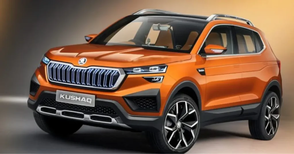 Skoda Kushaq orange SUV front three quarter view with April 2026 discount offer