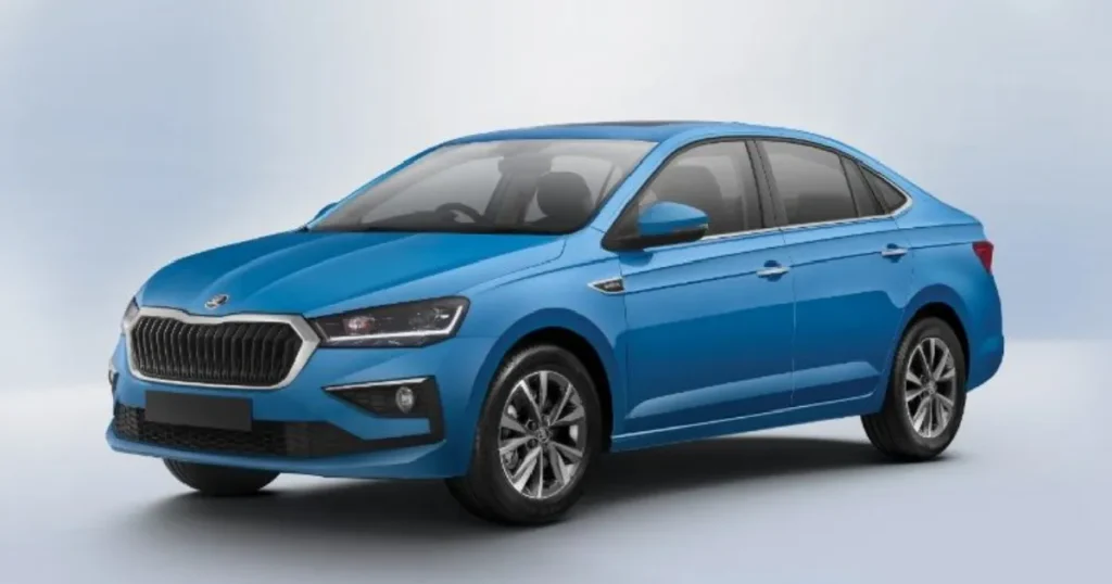 Skoda Slavia blue sedan side front view with April 2026 Skoda car offer
