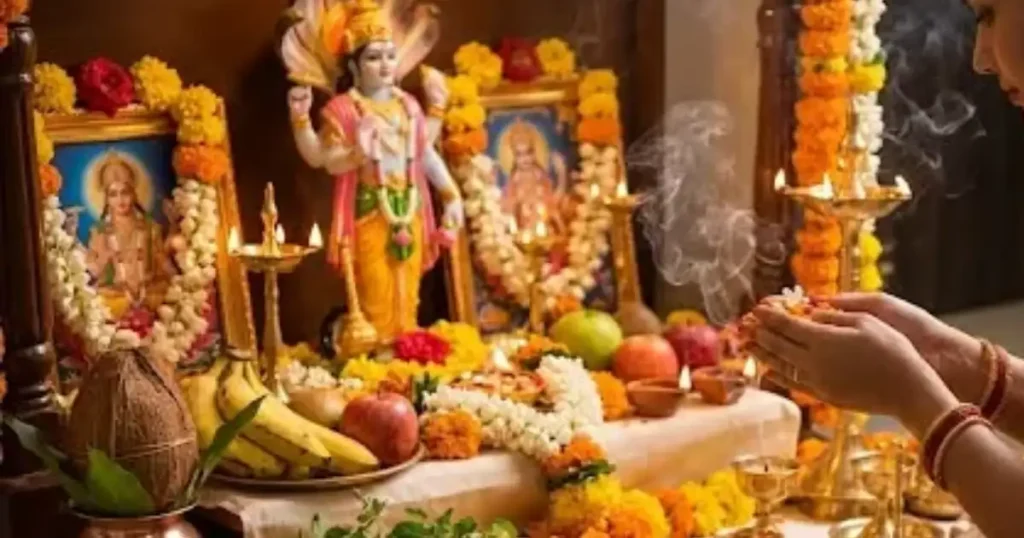 Devotee performing Lord Vishnu puja during Adhik Maas 2026 with flowers and diyas