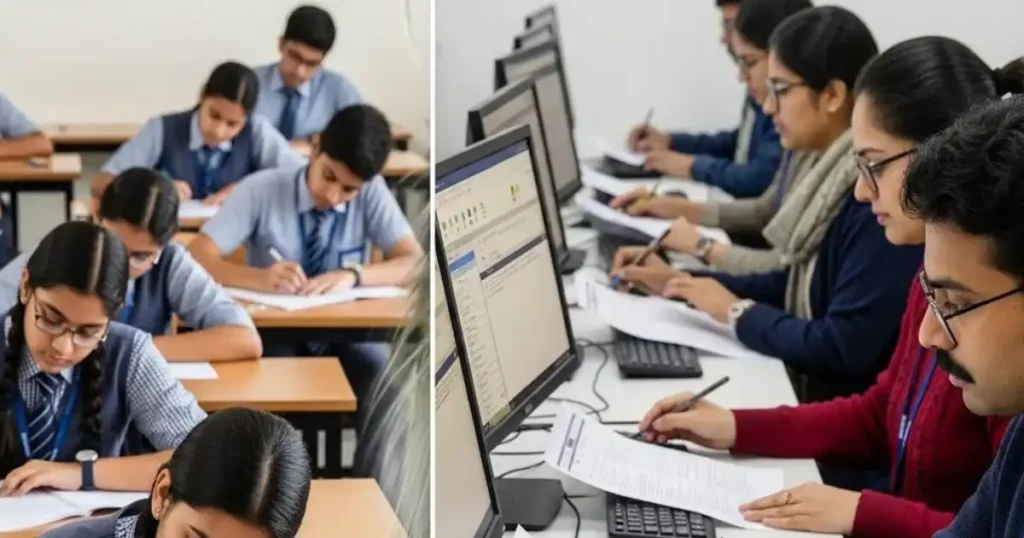 CBSE Digital Evaluation Issues 2026: CBSE Class 12 students and evaluators checking answer sheets during digital evaluation process