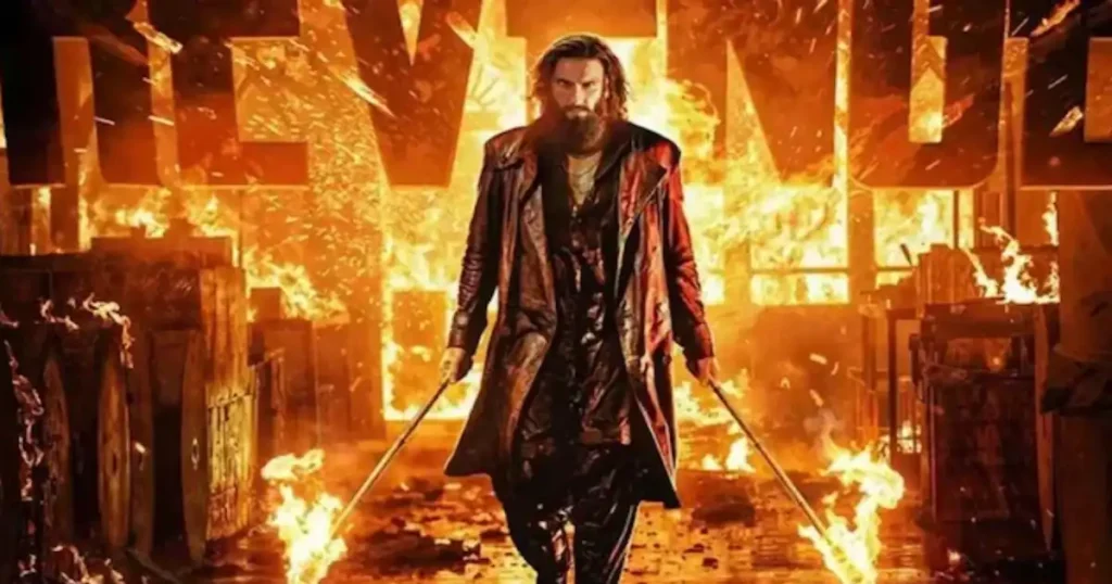 Ranveer Singh walking through a fiery action sequence in Dhurandhar 2 poster