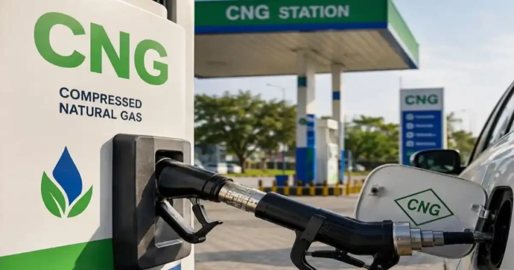 CNG price hike in India 2026 image showing compressed natural gas station and fuel nozzle