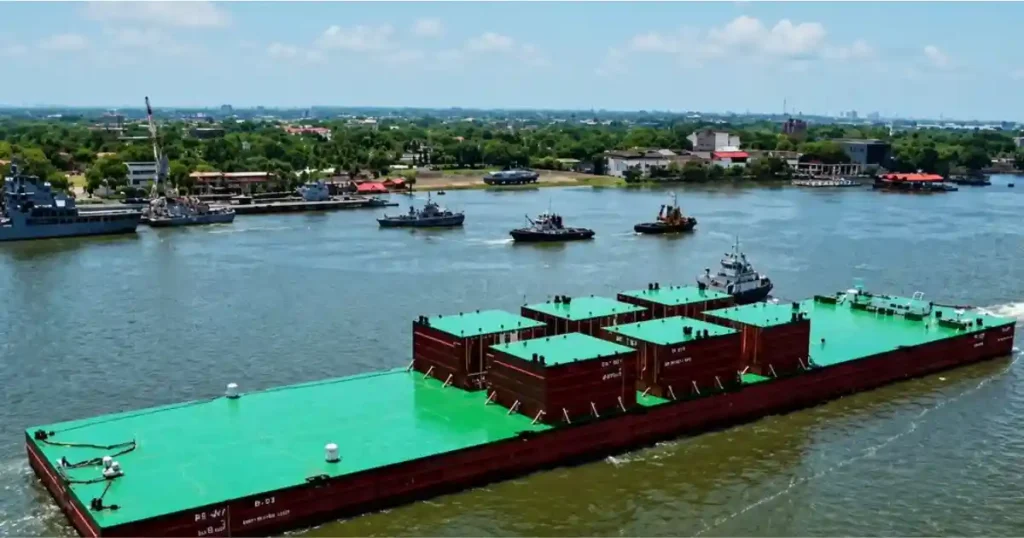 Large floating maritime platform in port area representing India UAE ship repair and logistics cooperation in Gujarat