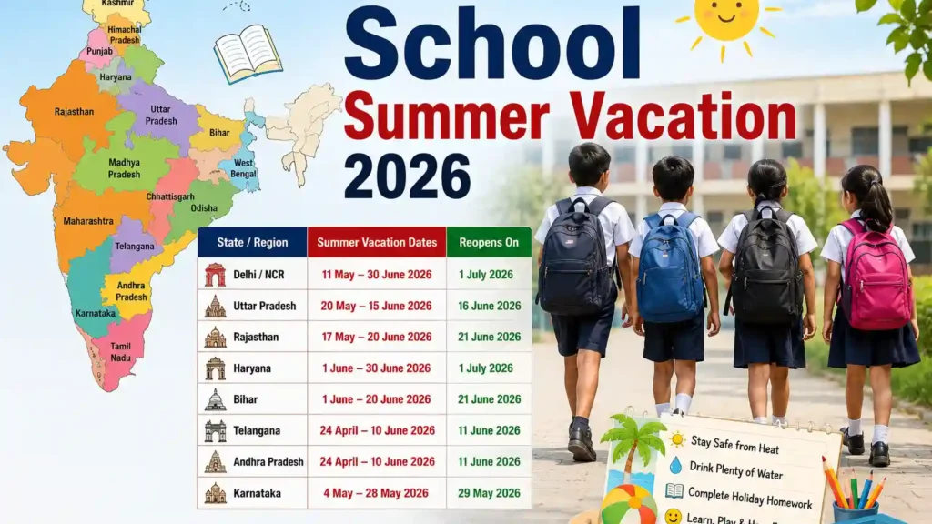 State-wise School Summer Vacation 2026 schedule with India map, holiday dates and reopening details