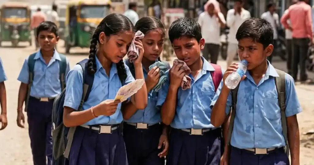 School students walking in hot weather during summer vacation season in India