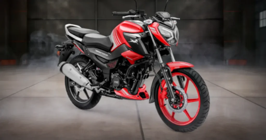 TVS motorcycle displayed in studio as company reports strong FY26 sales growth
