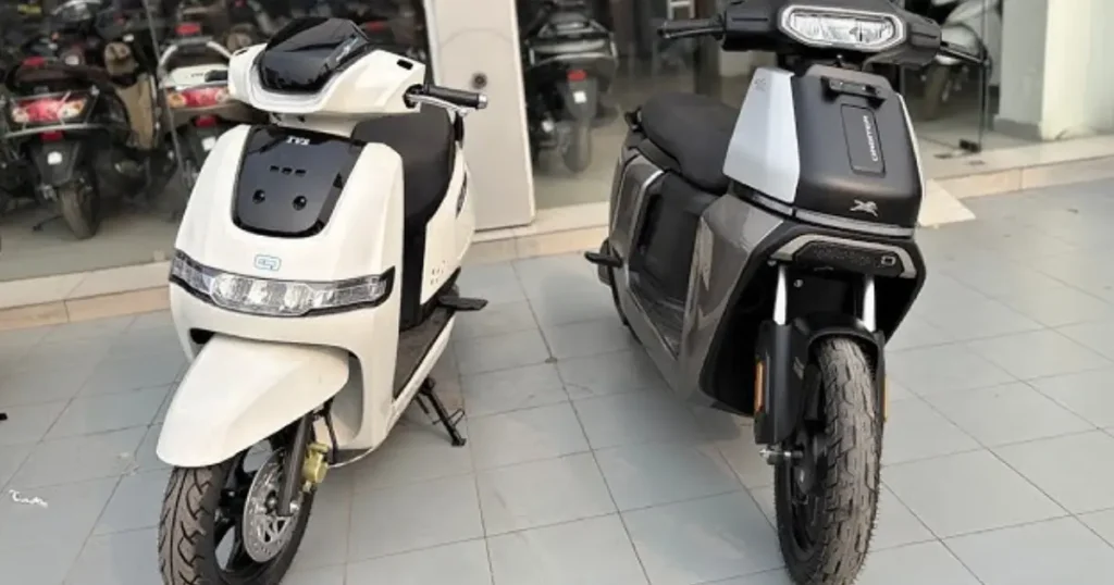 TVS Orbiter electric scooters displayed in multiple colour options after strong FY26 EV sales