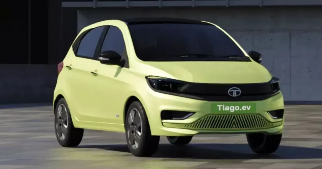 Tata Tiago EV hatchback in lime green color featured under Tata EV Discounts May 2026 benefits program
